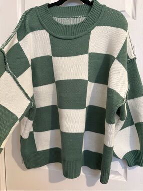 Green and White Checkerboard Knit Sweater - Women's Crewneck